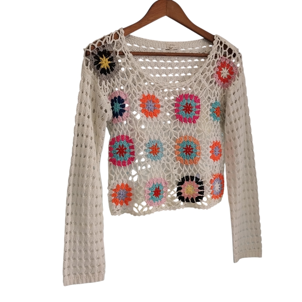 Debut Open Weave White Colorful Knit Cropped Pullover Top Size M Hippie Festival - Picture 3 of 9
